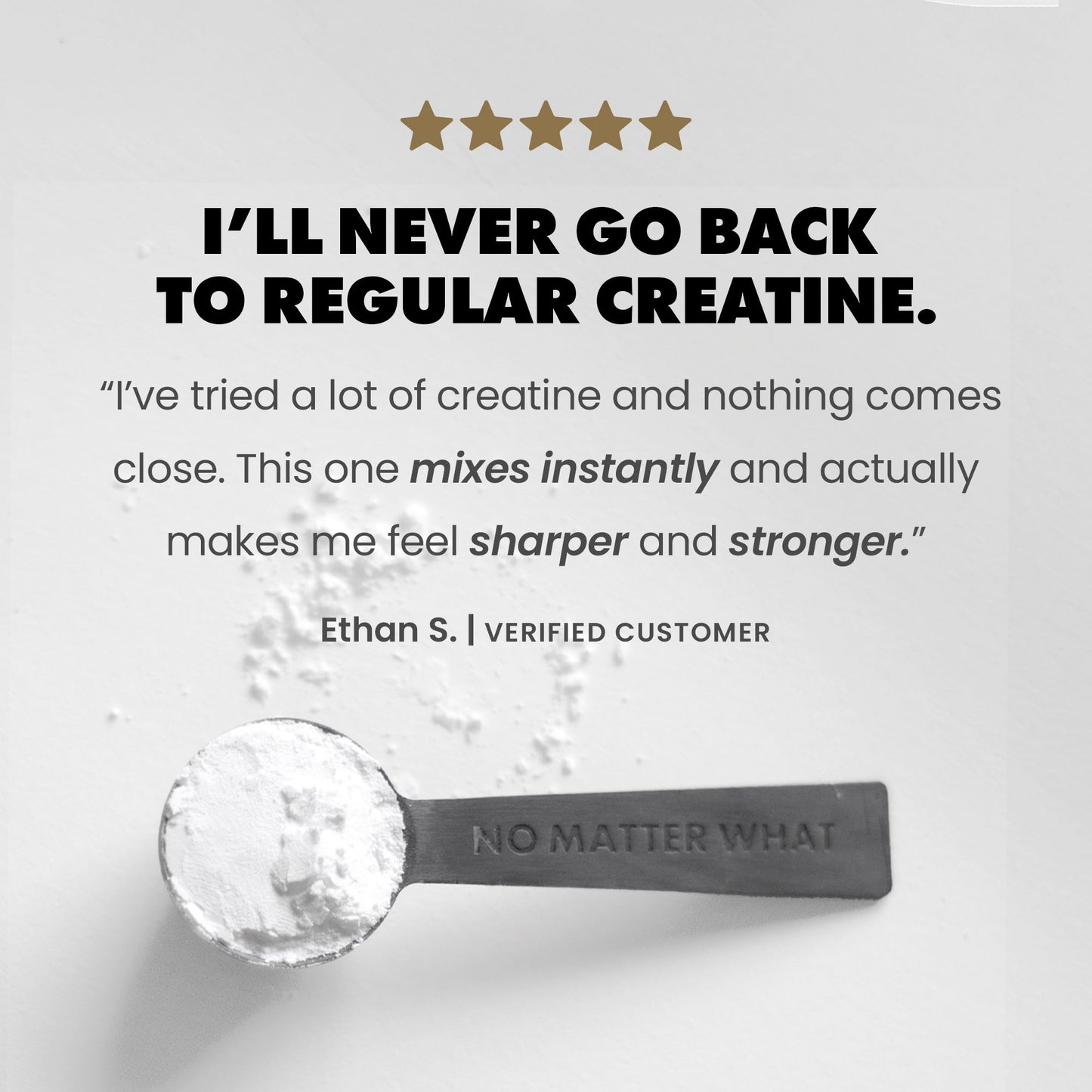 Spoon with creatine powder and customer review on a light gray background | original