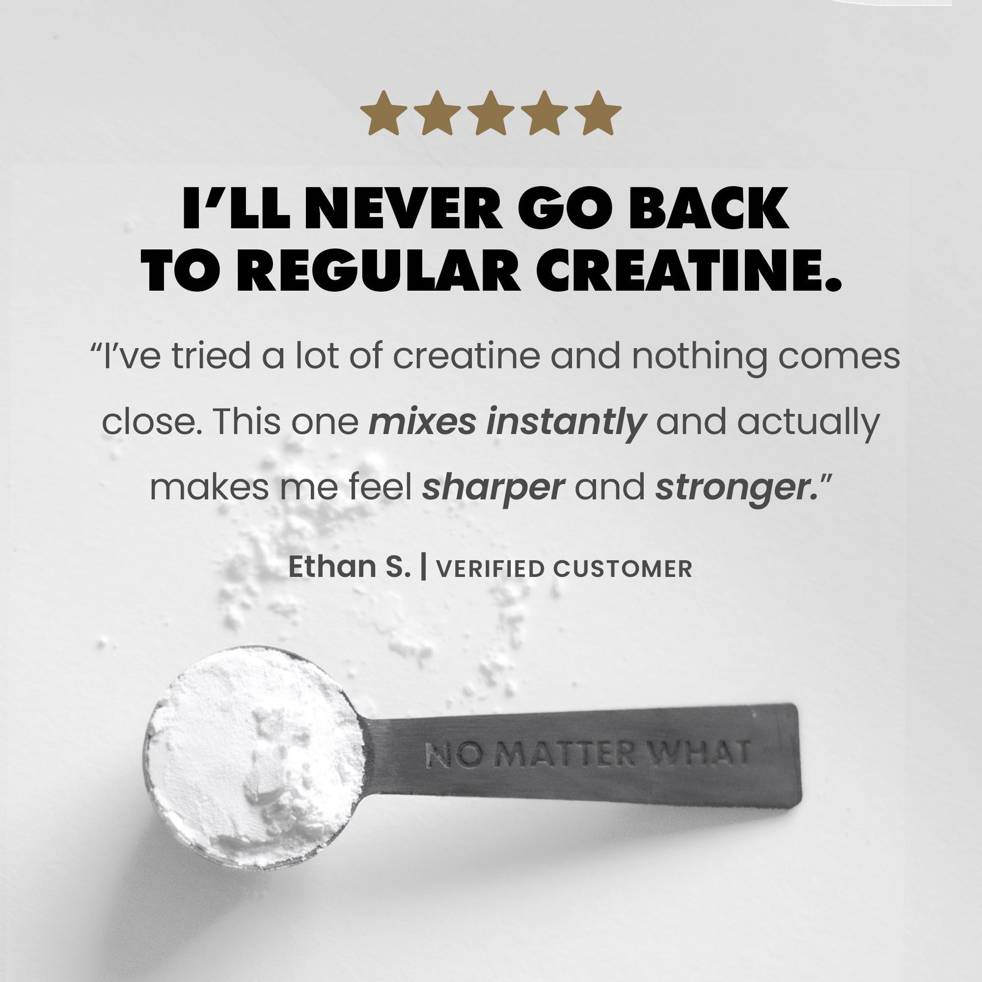 Spoon with creatine powder and customer review on a light gray background | original