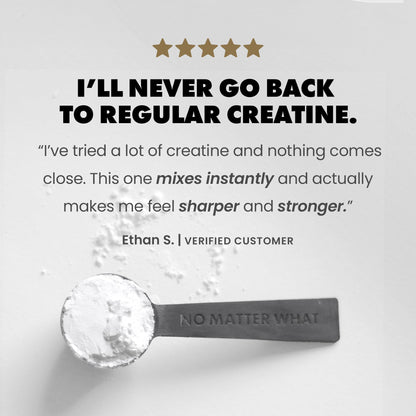 Spoon with creatine powder and customer review on a light gray background | original