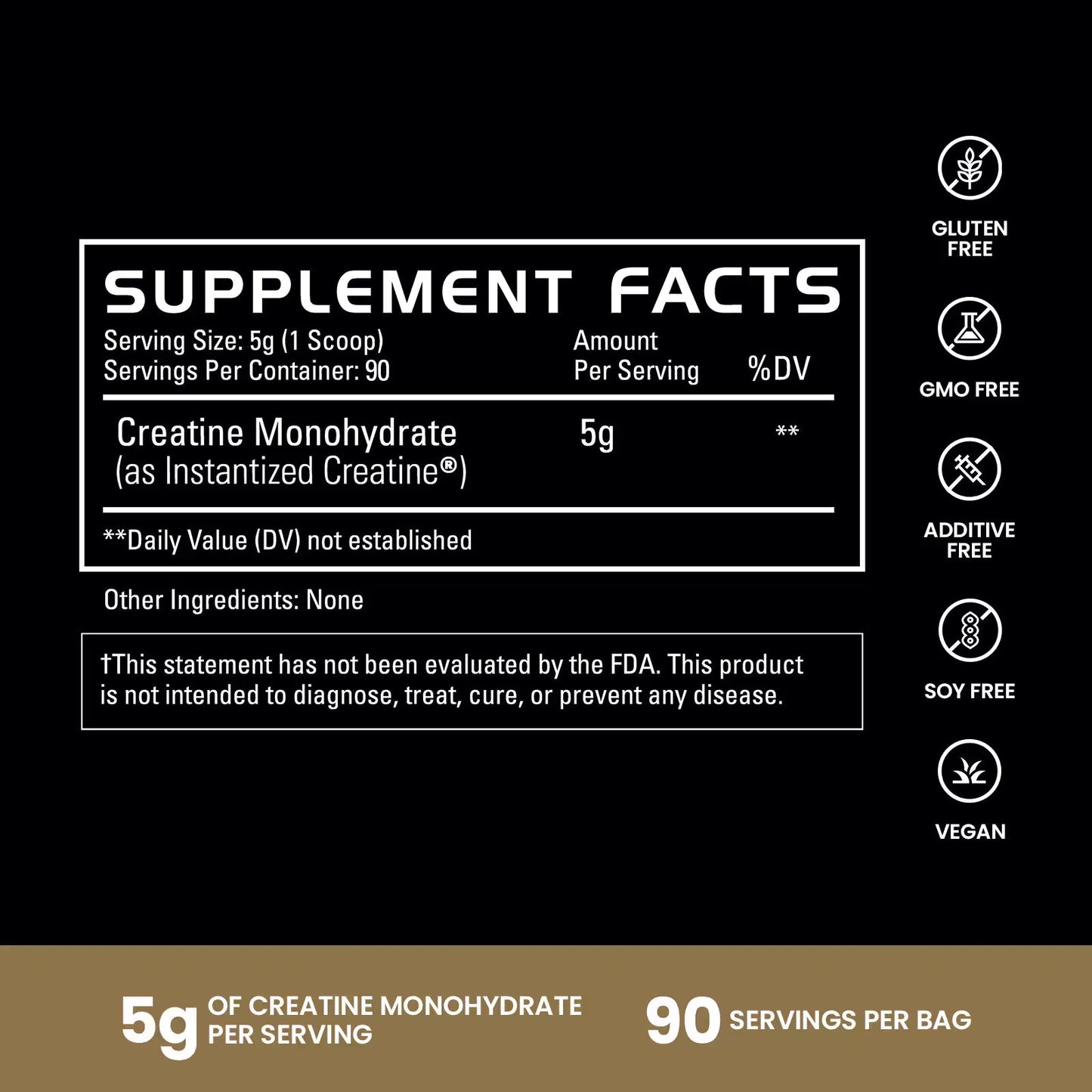 Supplement label for Pure Creatine Monohydrate with supplement facts and certification icons on a black background | original 90