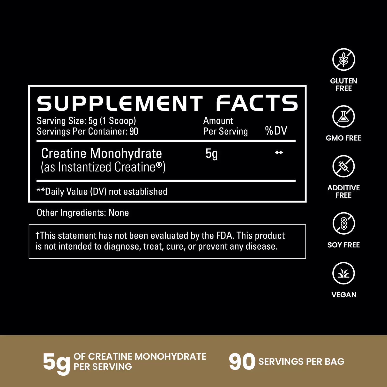 Supplement label for Pure Creatine Monohydrate with supplement facts and certification icons on a black background | original 90