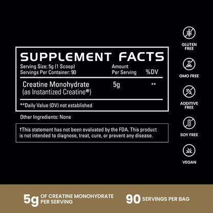 Supplement label for Pure Creatine Monohydrate with supplement facts and certification icons on a black background | original 90