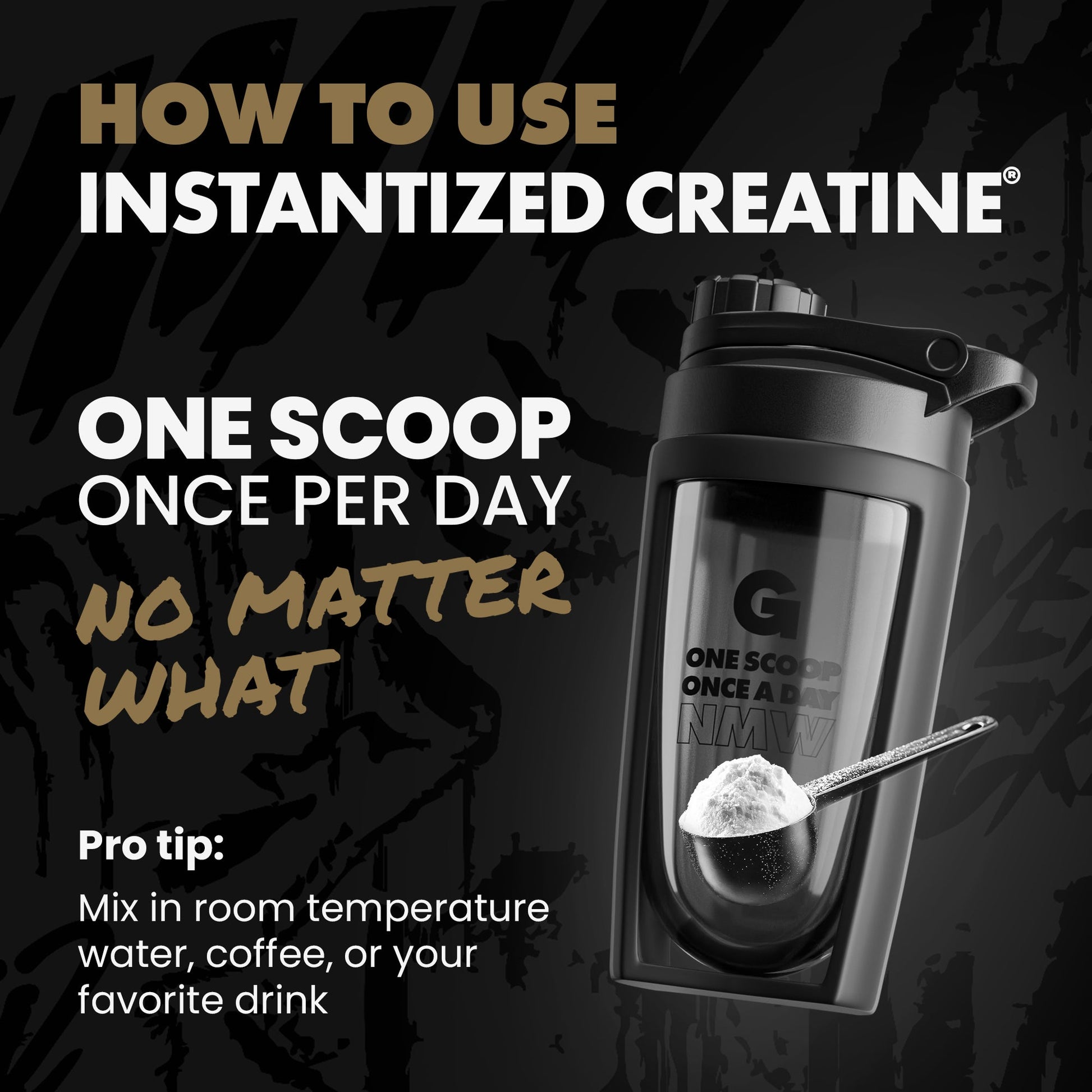 Shaker bottle with instantized creatine powder and text on how to use it. | original